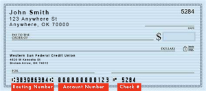 blank example western sun federal credit union check with routing number and account number information highlighted